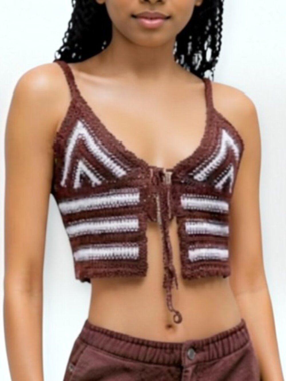 Boho Festival Crochet Kendall & Kylie Tie Front Striped Knit Cami Crop Top Brown
